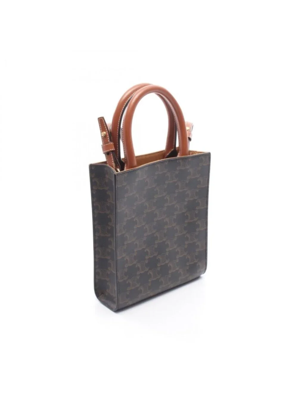Celine Handbag Mini Vertical Cover Triomphe 2-Way Black Brown Canvas Leather